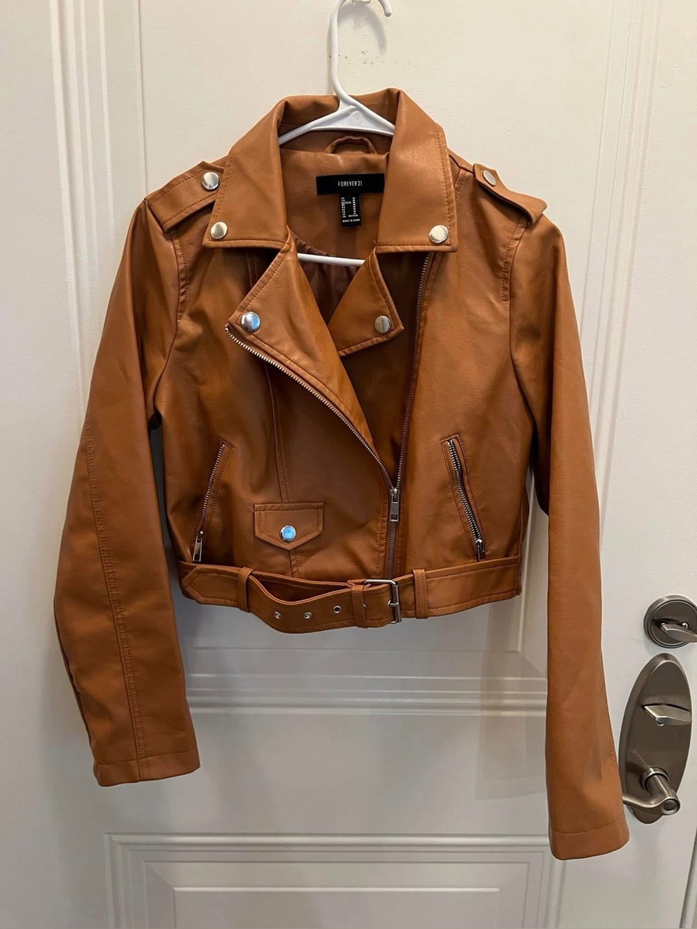 Faux Leather Moto Jacket – Cognac Brown – Size Medium